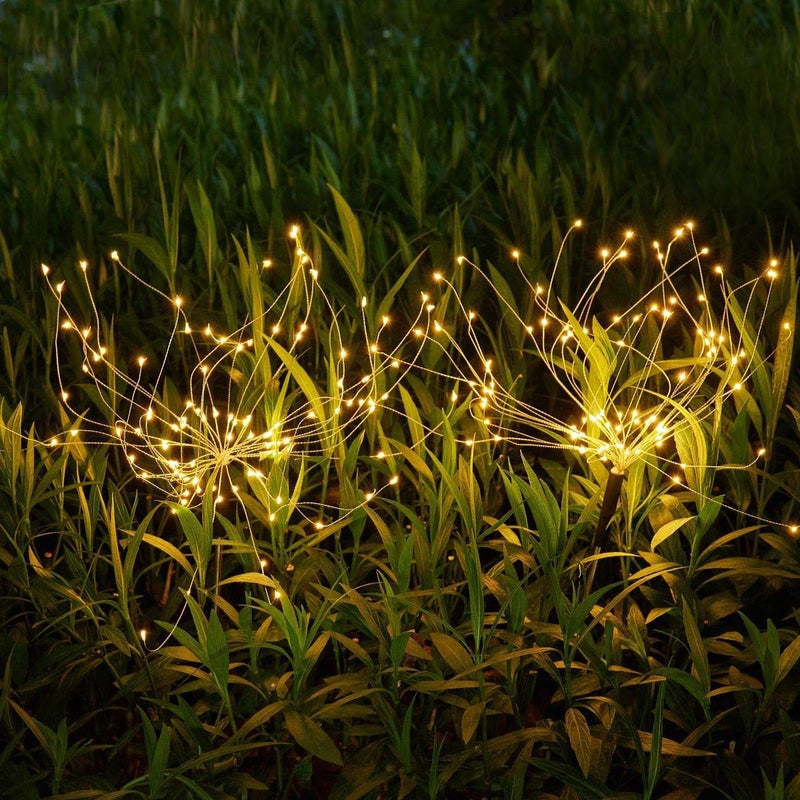 Christmas Outdoor Garden Decorative Lights Solar Firework Lights 105 LED Powered 35 Copper Wires DIY Flowers Fireworks Stars for Walkway Pathway Backyard Christmas Party Decor Warm White 2 Pack