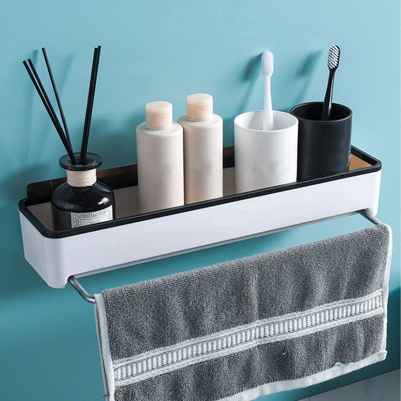 ZIVIK Plastic Wall Mounted No Drilling Bathroom Storage Shelf with Towel Bar and 2 Hooks Kitchen Spice Rack Organizer Storage Shelves Kitchen Shelf Storage Organizer with Towel Bar - Image 3