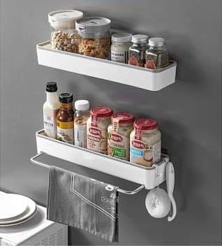 ZIVIK Plastic Wall Mounted No Drilling Bathroom Storage Shelf with Towel Bar and 2 Hooks Kitchen Spice Rack Organizer Storage Shelves Kitchen Shelf Storage Organizer with Towel Bar - Image 5