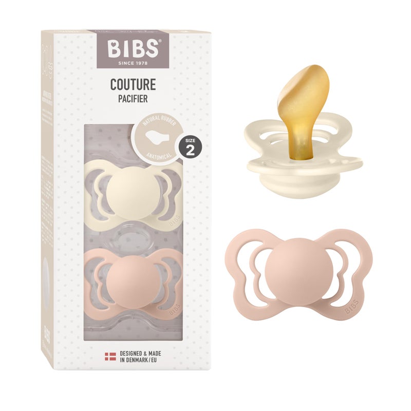 BIBS Couture Baby Pacifier 2-Pack | Made in Denmark | BPA Free Dummy Soother, Anatomical Nipple. Natural Rubber Latex, Size 2 (6-18 Months), Ivory / Blush - Image 1