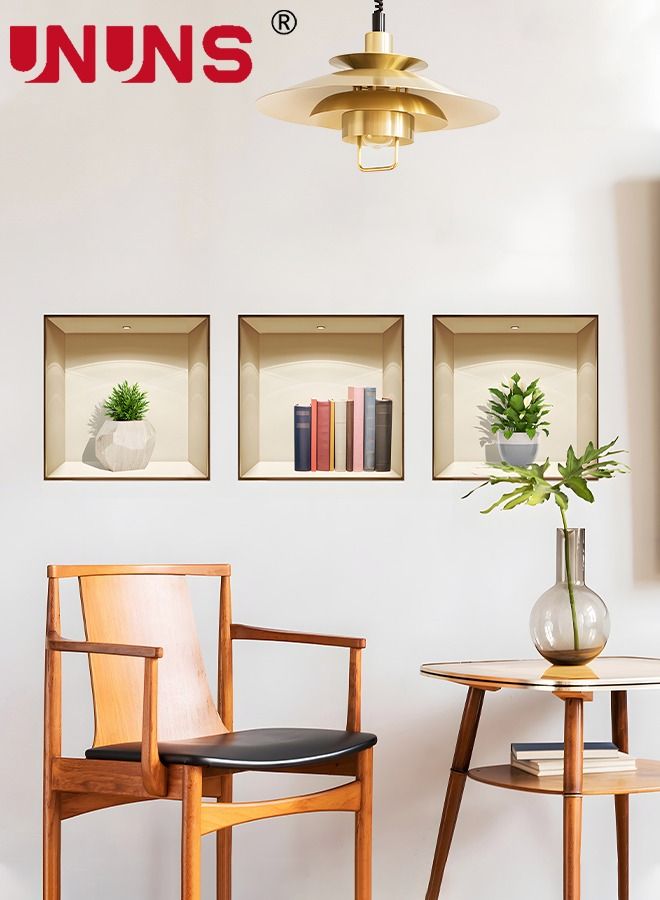 UNUNS 3-Piece 3D Printed Wall Sticker,Removable Flowerpots And Bookshelf Wall Sticker,Creative Botanical Wall Art Mural Decoration - Image 2