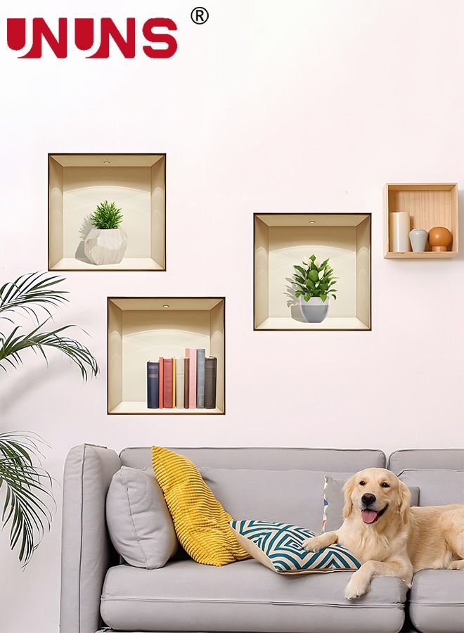 UNUNS 3-Piece 3D Printed Wall Sticker,Removable Flowerpots And Bookshelf Wall Sticker,Creative Botanical Wall Art Mural Decoration - Image 4