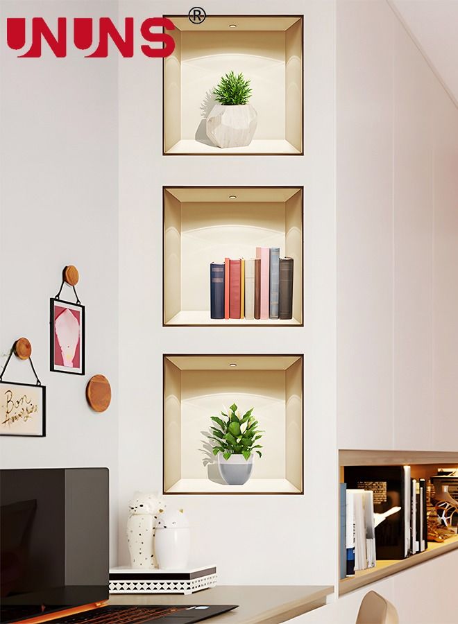 UNUNS 3-Piece 3D Printed Wall Sticker,Removable Flowerpots And Bookshelf Wall Sticker,Creative Botanical Wall Art Mural Decoration - Image 1