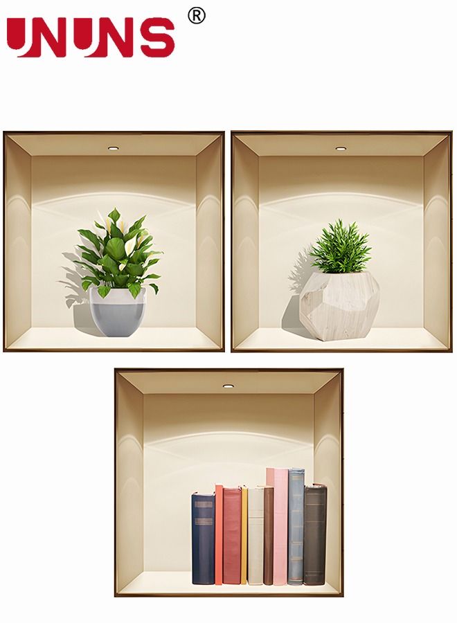 UNUNS 3-Piece 3D Printed Wall Sticker,Removable Flowerpots And Bookshelf Wall Sticker,Creative Botanical Wall Art Mural Decoration - Image 3