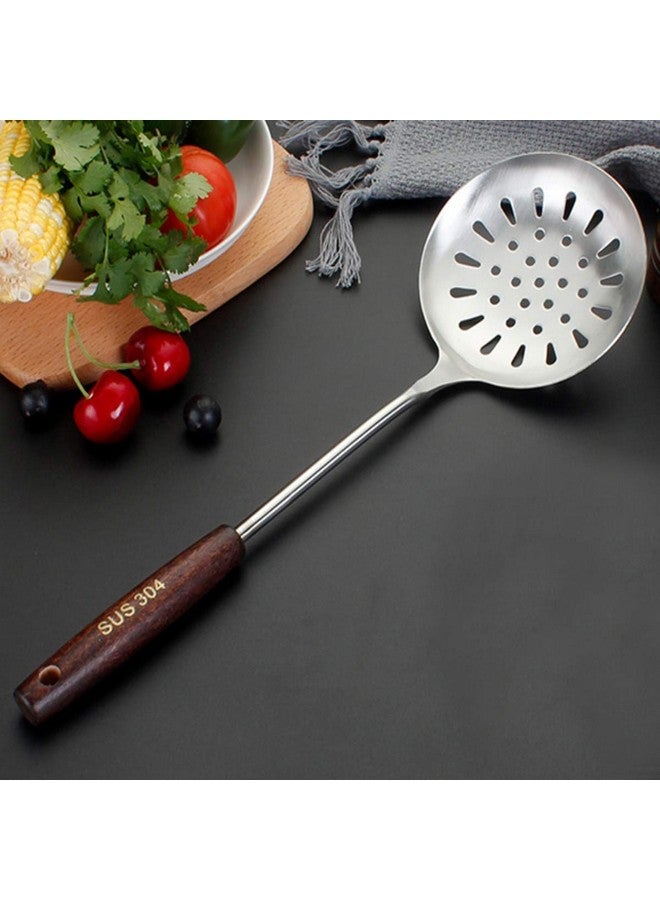 Mockery Skimmer Spoon 304 Stainless Steel Slotted Spoon with Wooden Handle, Comfortable Design Strainer Skimmer for Cooking and Frying, Kitchen Utensils, 13 inch - Image 1