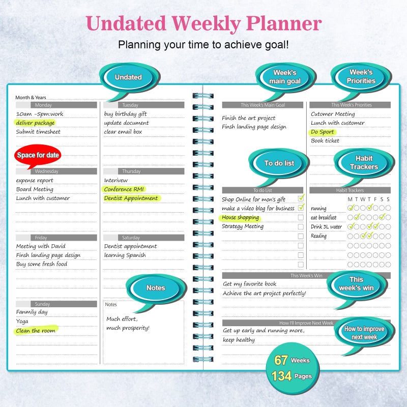 ASTEN Planner, Asten Undated Weekly Planner Goal Planner Notebook, To Do List Planners Spiral Planner for Men and Women,PVC Hardcover,Elastic Closure, Inner Pocket 8.3" x 5.8" (Pink) - Image 2