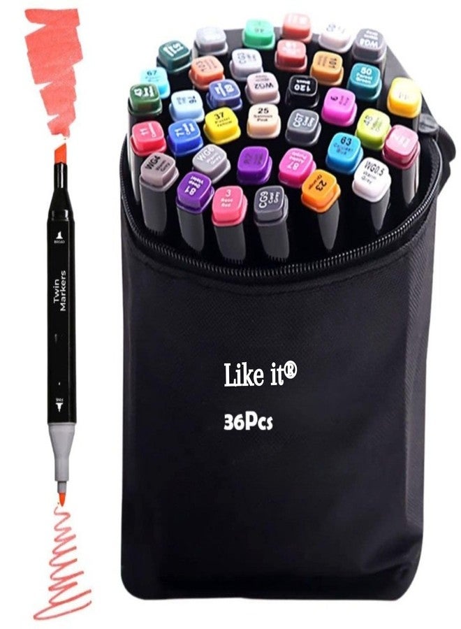Like-It like it Dual Tip Colorful Art Markers Sketch Pens 36 Colors With Carrying Case For Painting Sketching Calligraphy Drawing -Twin Head Permanent Colouring Marker Pens For Kids Adult, Multicolor (36) - Image 1