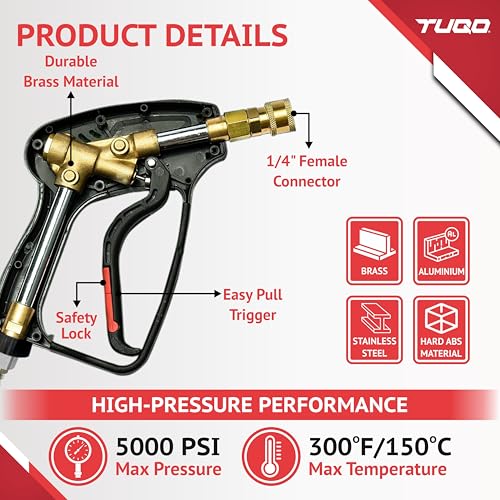 TUQO High Pressure Washer Short Gun 5000 PSI with 4 Nozzle Tips | 3/8” Male Plug & 1/4” Quick Connect | Foam Cannon Compatible Power Washer Gun for Car Bike Cleaning, Detailing & Patio - HG256 - Image 4