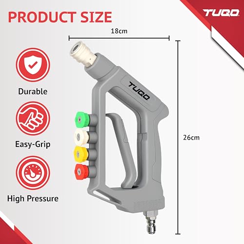 TUQO High Pressure Washer Short Gun 5000 PSI with 4 Nozzle Tips | 3/8” Male Plug & 1/4” Quick Connect | Foam Cannon Compatible Power Washer Gun for Car Bike Cleaning, Detailing & Patio - HG256 - Image 2