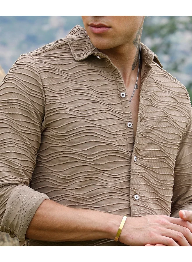 Campus Sutra Men's Mocha Brown Self-Design Wave Shirt For Casual Wear | Spread Collar | Long Sleeve | Button Closure | Shirt Crafted With Comfort Fit For Everyday Wear