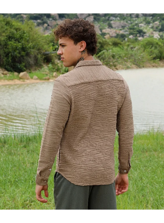 CAHOOT  Men's Mocha Brown Self-Design Wave Shirt For Casual Wear | Spread Collar | Long Sleeve | Button Closure | Shirt Crafted With Comfort Fit For Everyday Wear for Men | Best Price UAE