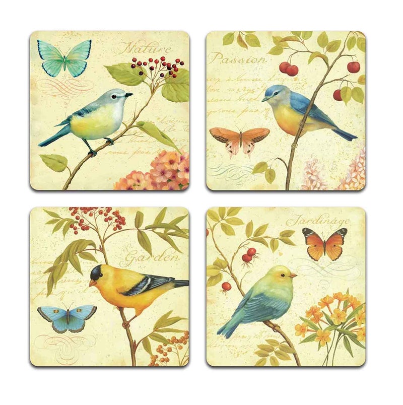 QJ CMJ Bird and Butterfly Square Coaster Set - Made of Recycled Rubber - Set of 4 - Image 1