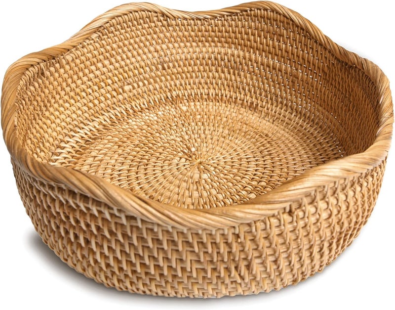 HITOMEN Handmade Rattan Bread Baskets Round Wicker Fruit Serving Storage Bowls, Natural Woven Decorative Kitchen Counter Organizing (Honey Brown) M-10.2" - Image 1