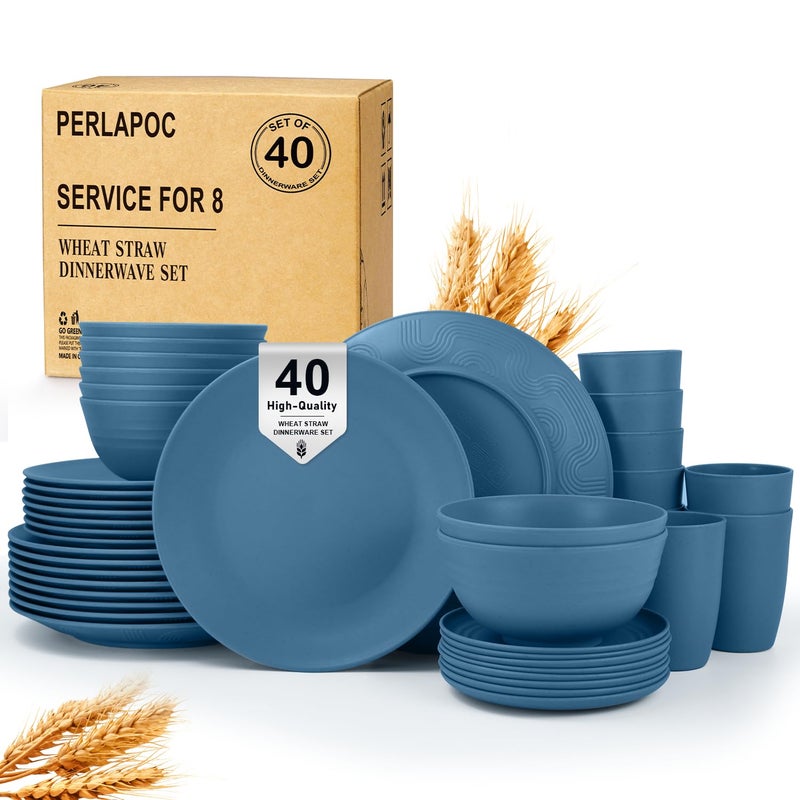 Perlapoc 40-Piece Wheat Straw Dinnerware Sets,Unbreakable Dishes Set for 8 - Drinking Cups, Plates and Bowls Sets, Reusable Microwave Safe Dinnerware Set for Home, Outdooor, RVs - Blue - Image 1