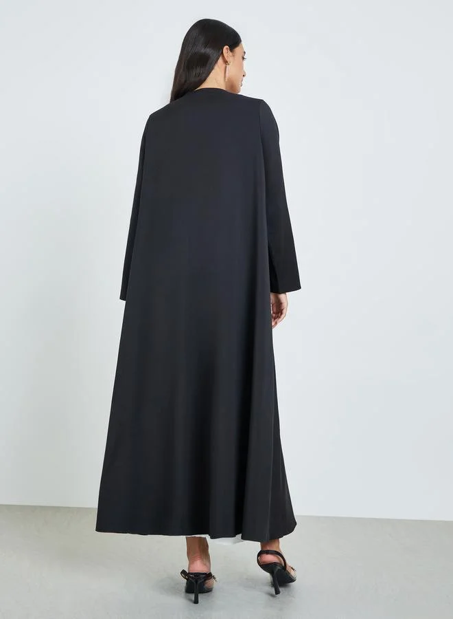 Amirah Black Beaded Patch Abaya with Loop Button
