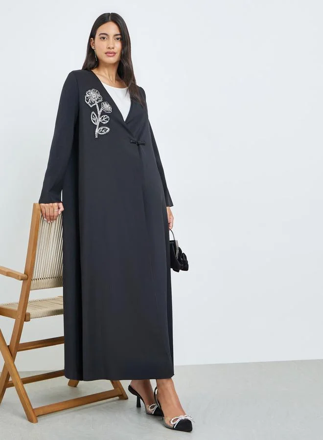 Black Beaded Patch Abaya with Loop Button