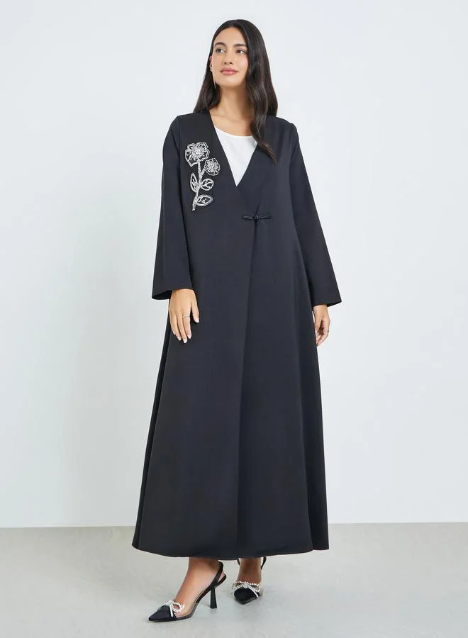 Amirah Black Beaded Patch Abaya with Loop Button