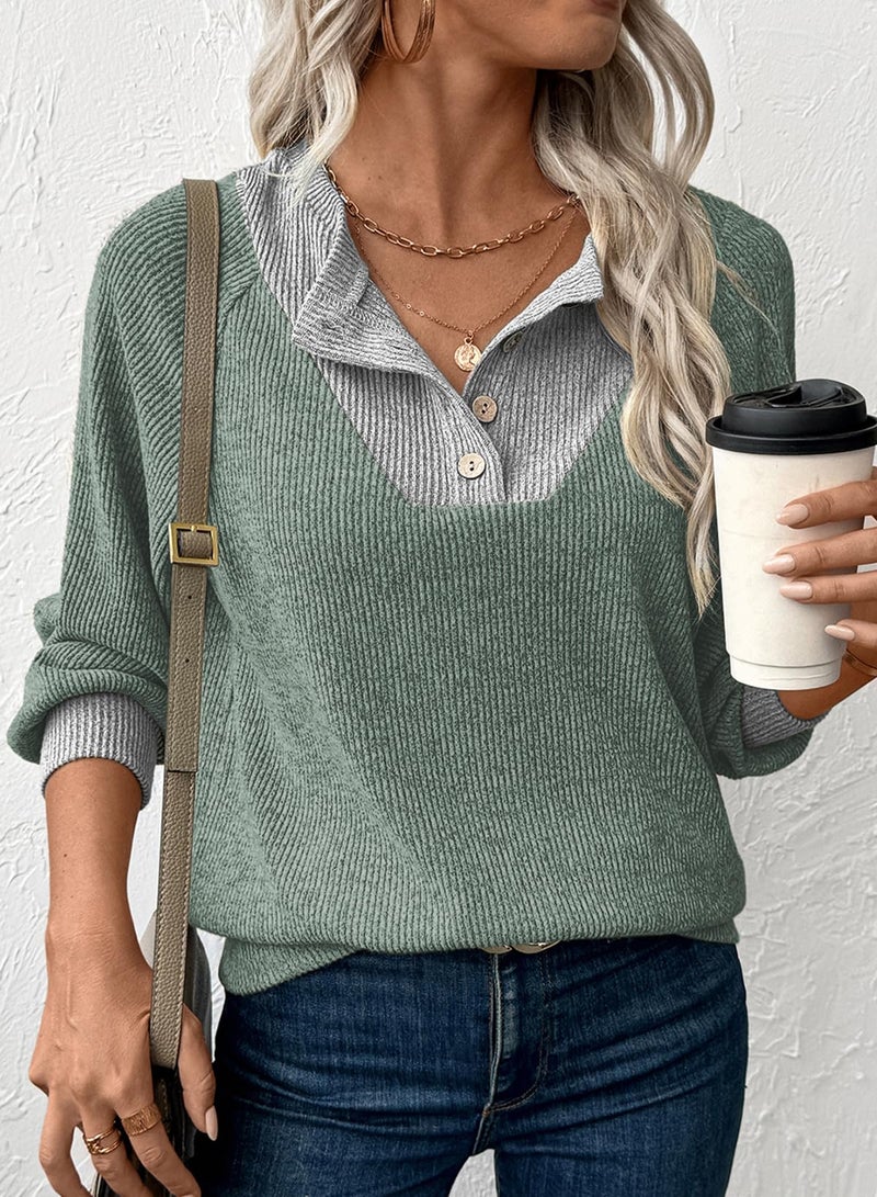 EVALESS Womens Spring Fashion 2026 Long Sleeve Shirts Patchwork Button Up V Neck Plus Size Sweatshirt Casual Trendy Pullover Teacher Outfits Tops Grass Green XX-Large - Image 5