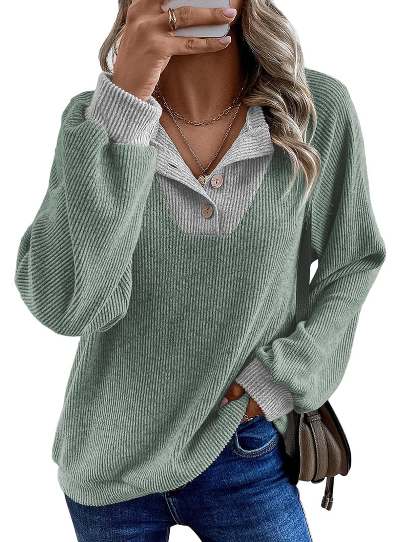 EVALESS Womens Spring Fashion 2026 Long Sleeve Shirts Patchwork Button Up V Neck Plus Size Sweatshirt Casual Trendy Pullover Teacher Outfits Tops Grass Green XX-Large - Image 1