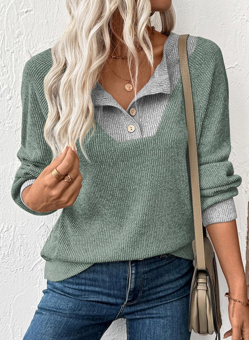 EVALESS Womens Spring Fashion 2026 Long Sleeve Shirts Patchwork Button Up V Neck Plus Size Sweatshirt Casual Trendy Pullover Teacher Outfits Tops Grass Green XX-Large - Image 4