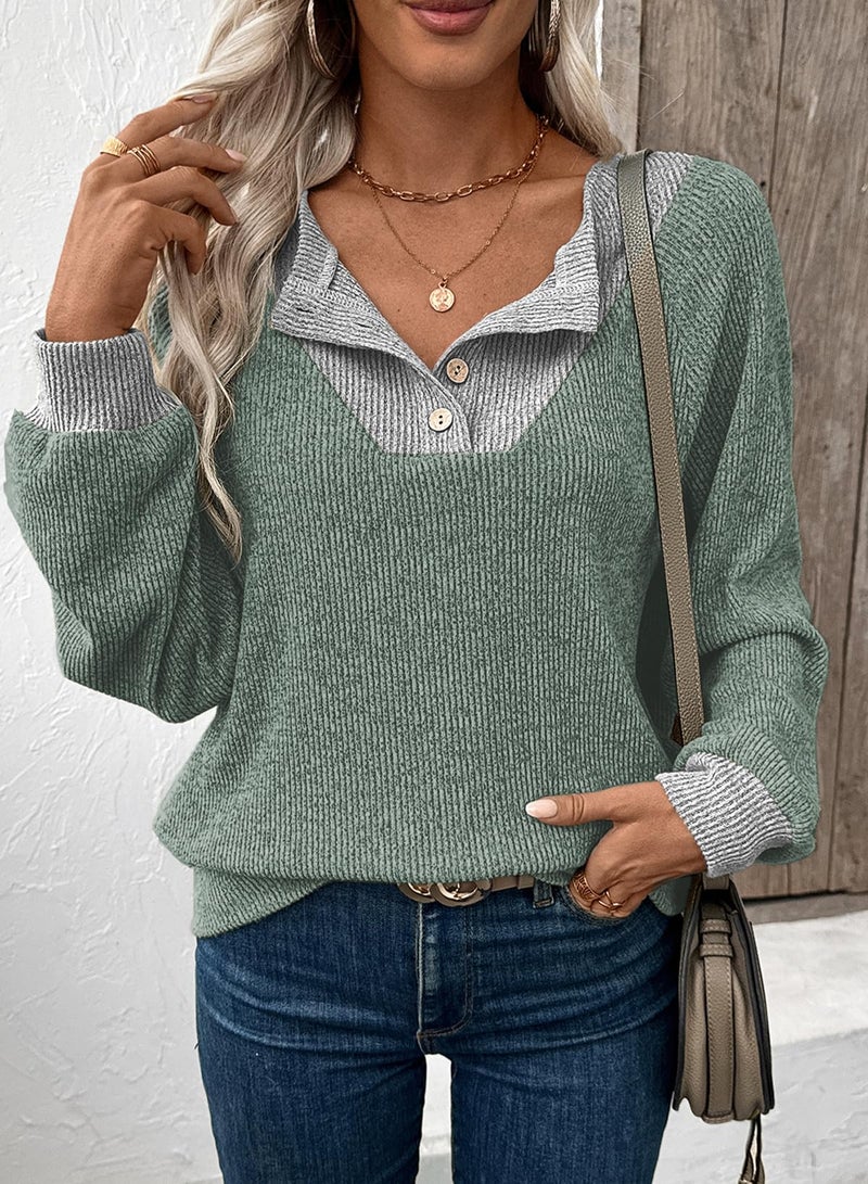 EVALESS Womens Spring Fashion 2026 Long Sleeve Shirts Patchwork Button Up V Neck Plus Size Sweatshirt Casual Trendy Pullover Teacher Outfits Tops Grass Green XX-Large - Image 3