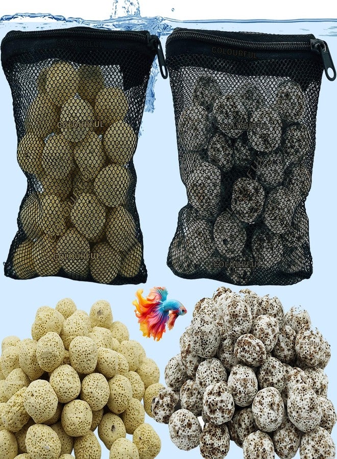colourful ألوان زاهية - وسائط ترشيح لأحواض السمك | جودة مياه محسّنة وأحواض أسماك صحية | 450 غرام كرات صفراء + 450 غرام كرات رمادية (450 غرام وسائط ترشيح 2 في 1 مع كيس شبكي، مجموعة 3) - Image 1
