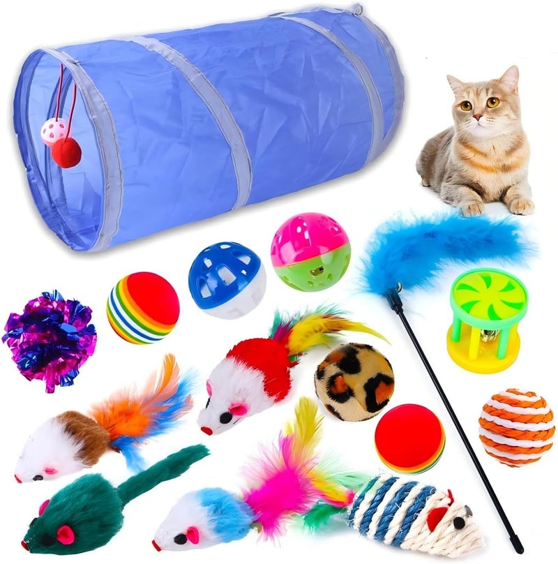 Cat Toys Assortment - 15 Piece Variety Pack with Tunnel, Feather Wand, and Crinkle Balls - Image 1