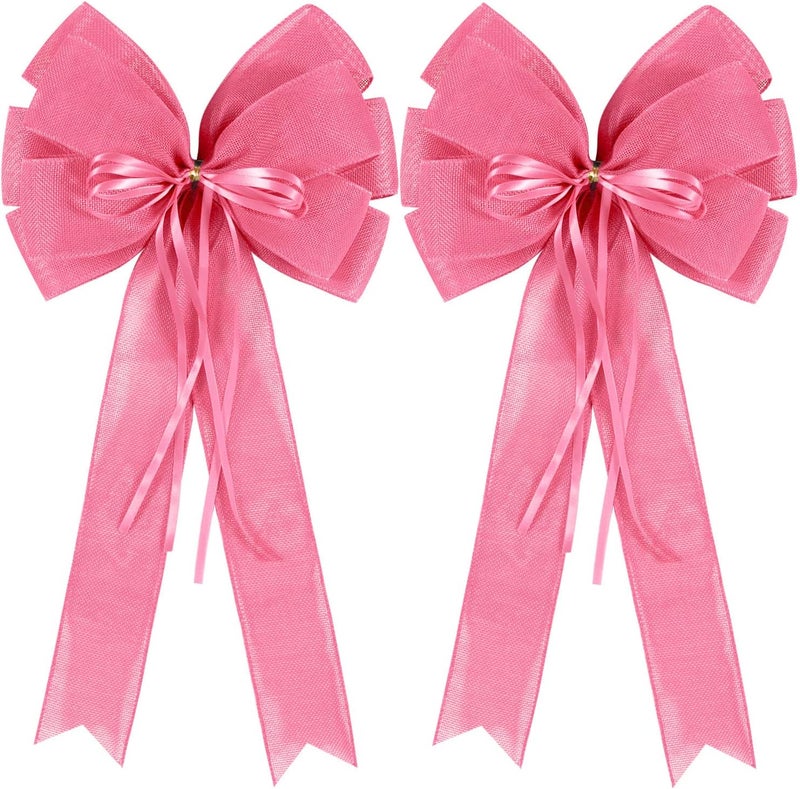 Hongsome 2 Pcs Large Pink Christmas Wreath Bows Decor,Xmas Tree Topper Bow Decorations with Pink Burlap and Glitter String for Christmas Holiday Home Front Door Outdoor - Image 1