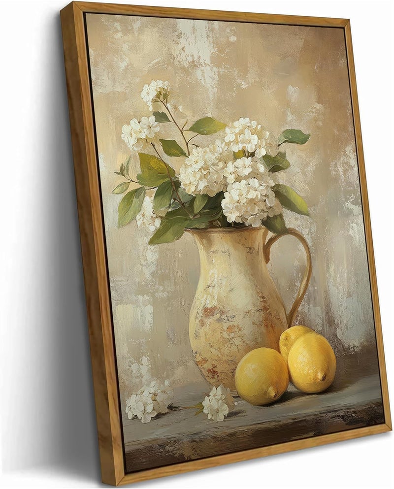 UXOCBTAH With Frame Hydrangea Canvas Wall Art Vintage Hydrangea Lemons Still Life Picture Wall Decor Rural Farmhouse Painting Print for Country kitchen Home Decoration 8x10in - Image 1