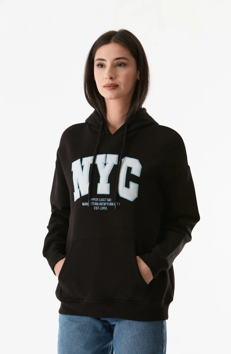 FullaModa Nyc Printed Kangaroo Pocket Hooded Sweatshirt