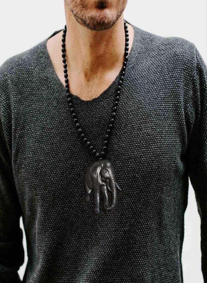MUDTALE Royal Elephant Head Pendant for Men Women Boys Girls Black Matte Wise Animal Necklace Strength Power Inspired Indian Symbol Jewelry with Beaded Chain Resin Style Tribal Charm - Image 4