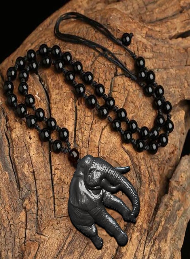 MUDTALE Royal Elephant Head Pendant for Men Women Boys Girls Black Matte Wise Animal Necklace Strength Power Inspired Indian Symbol Jewelry with Beaded Chain Resin Style Tribal Charm - Image 2