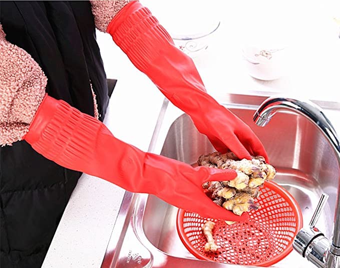 Moxtiza Rubber Hand Dishwashing Gloves | Reusable Waterproof Kitchen Cleaning Gloves for Women & Men, Medium Free Size, 1 Pair, Red - Image 5