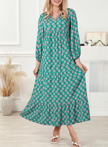 Dokotoo Spring Maxi Dress for Women V Neck Floral Boho Dresses Long Puff Sleeve Sun Dress Ruffle A Line Flowy Casual Dresses Small Green - Image 4