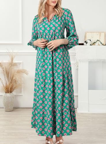 Dokotoo Spring Maxi Dress for Women V Neck Floral Boho Dresses Long Puff Sleeve Sun Dress Ruffle A Line Flowy Casual Dresses Small Green - Image 5