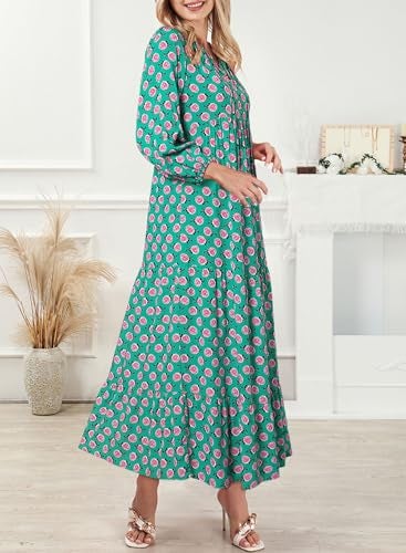 Dokotoo Spring Maxi Dress for Women V Neck Floral Boho Dresses Long Puff Sleeve Sun Dress Ruffle A Line Flowy Casual Dresses Small Green - Image 3