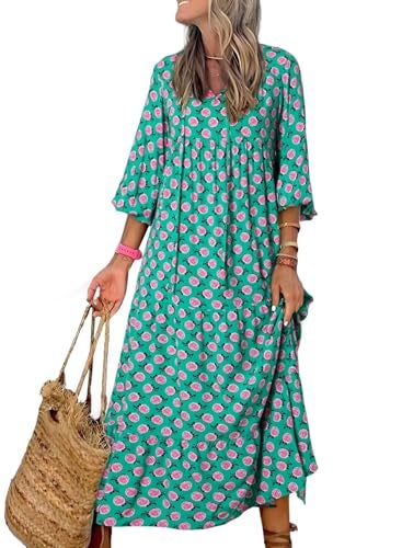Dokotoo Spring Maxi Dress for Women V Neck Floral Boho Dresses Long Puff Sleeve Sun Dress Ruffle A Line Flowy Casual Dresses Small Green - Image 1