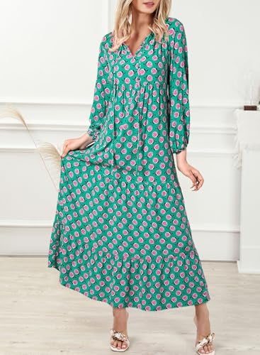 Dokotoo Spring Maxi Dress for Women V Neck Floral Boho Dresses Long Puff Sleeve Sun Dress Ruffle A Line Flowy Casual Dresses Small Green - Image 2