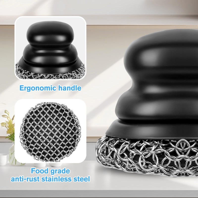 Onewly Cast Iron Scrubber (1Pack Black Coarse Mesh + 1Pack Black Fine Mesh) and and Scraper, Chain Mail Scrubber for Cleaning Stock Pots, Pans, Griddles, Grills, Cast Iron Skillets, Dish Scouring Pads - Image 3