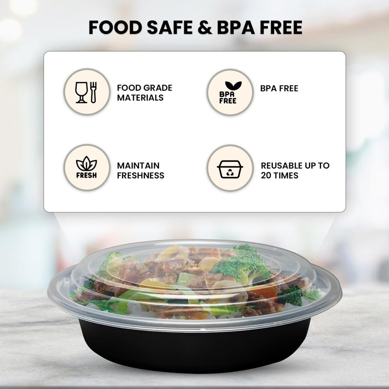Klex 12 Oz, 50 Sets Meal Prep Containers with Airtight Lids, BPA Free, Reusable Plastic Food Container, 12 oz, Round, Black/Clear, 50 Sets - Image 3