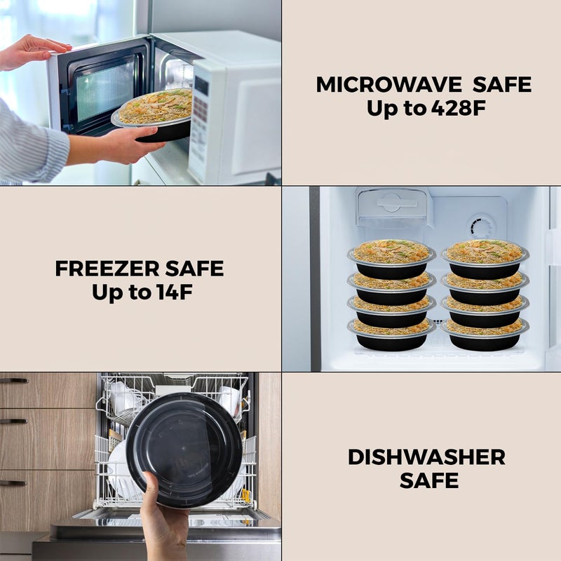 Klex 12 Oz, 50 Sets Meal Prep Containers with Airtight Lids, BPA Free, Reusable Plastic Food Container, 12 oz, Round, Black/Clear, 50 Sets - Image 5