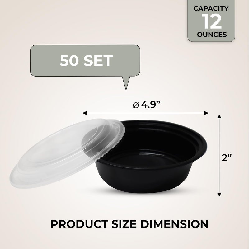Klex 12 Oz, 50 Sets Meal Prep Containers with Airtight Lids, BPA Free, Reusable Plastic Food Container, 12 oz, Round, Black/Clear, 50 Sets - Image 2