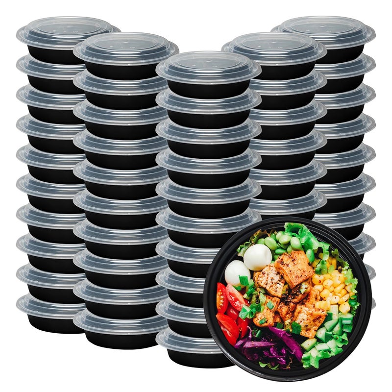 Klex 12 Oz, 50 Sets Meal Prep Containers with Airtight Lids, BPA Free, Reusable Plastic Food Container, 12 oz, Round, Black/Clear, 50 Sets - Image 1