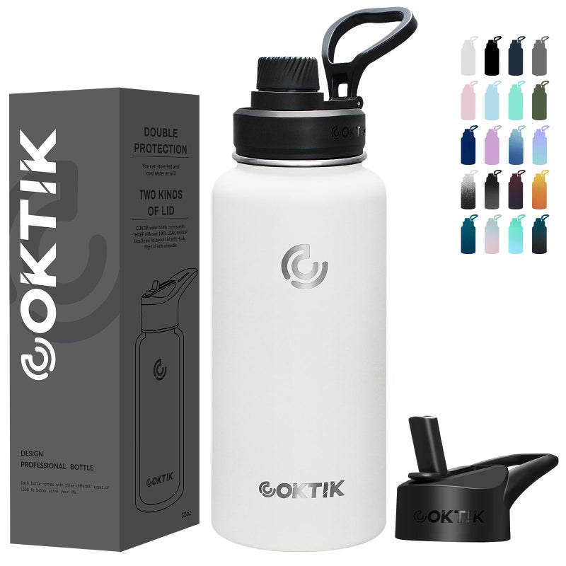 COKTIK 32 oz Sports Water Bottle With Straw2 Lids Stainless Steel Vacuum Insulated Water BottlesLeakproof Lightweight Keeps Cold and Hot Great for Travel Hiking Biking Running White