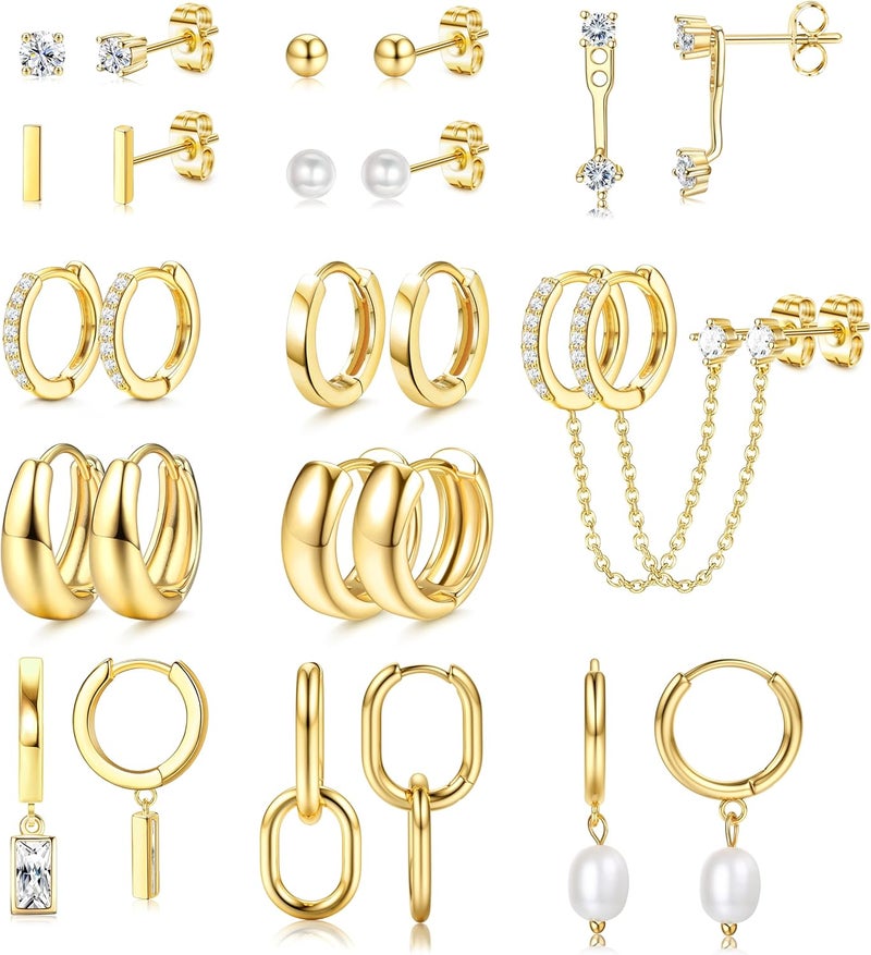 BESTEEL 13 Pairs Small Gold Hoop Earrings Set for Women - Hypoallergenic 14K Gold Plated Huggie Hoops with Pearl - Image 1