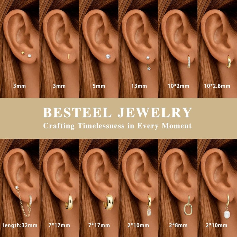BESTEEL 13 Pairs Small Gold Hoop Earrings Set for Women - Hypoallergenic 14K Gold Plated Huggie Hoops with Pearl - Image 3