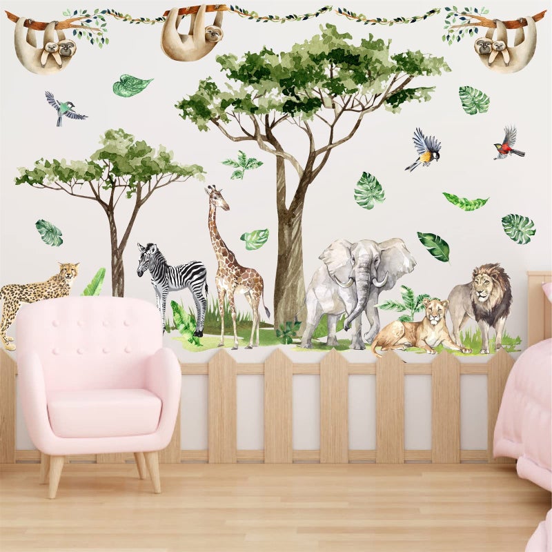 Jungle Animal Wall Decals Safari Animal Wall Stickers Large Wild Animal Wall Stickers Jungle Tree Forest Animal Wall Decals Zoo Animal Wall Stickers for Nursery Living Room Bedroom