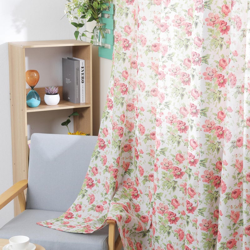 RLoncomix Pink Floral Print Linen Curtains Vintage Rose Window Treatment Curtain Light Filtering Farmhouse Grommet Window Drapes for Living Room Bedroom, 2 Panels, 52 x 84 Inch - Image 1