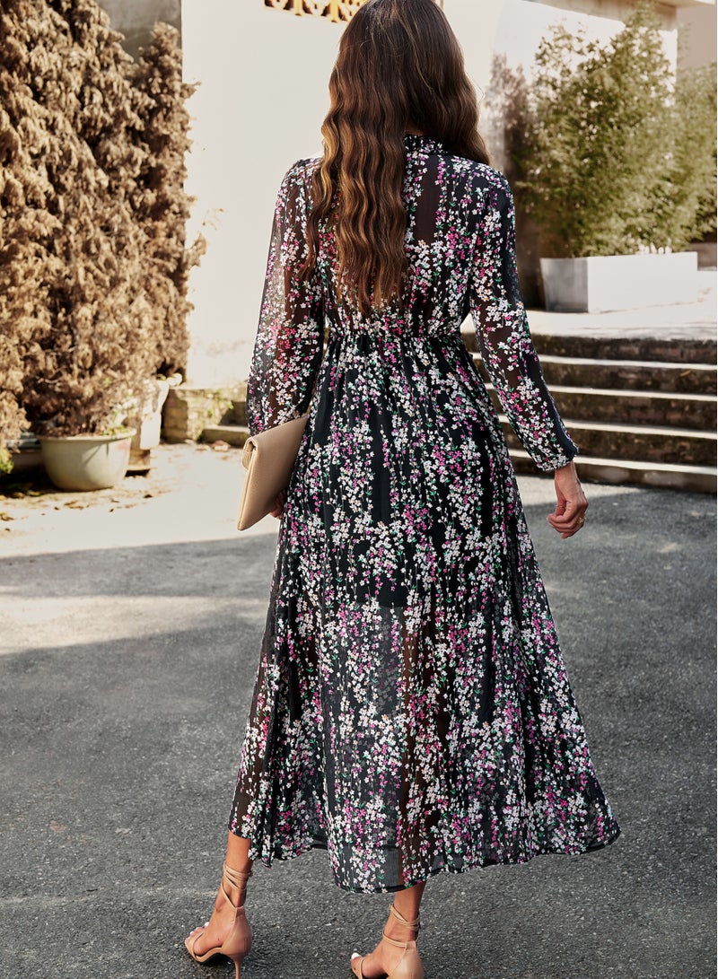 Loquat V-neck Long Sleeve Elegant Chiffon Casual Dress Woman Black  - Image 2
