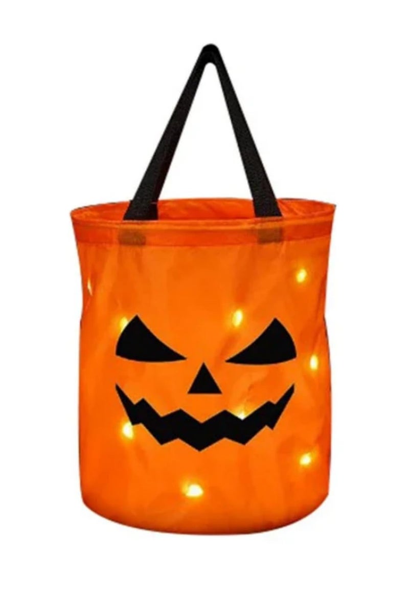 سلة هالووين قابلة للطي، دلو حلوى اليقطين، أكياس حلوى، سلة هدايا لحفلات عيد الشكر للأطفال، ديكورات هالووين برتقالية قابلة لإعادة الاستخدام، 25 × 30 سم، مصباح LED. - Image 1